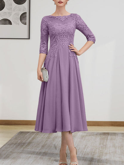 A-Linie, U-Ausschnitt, Illusion, knielang, Chiffon, Spitze, Kleid für die Brautmutter mit Perlen und Pailletten