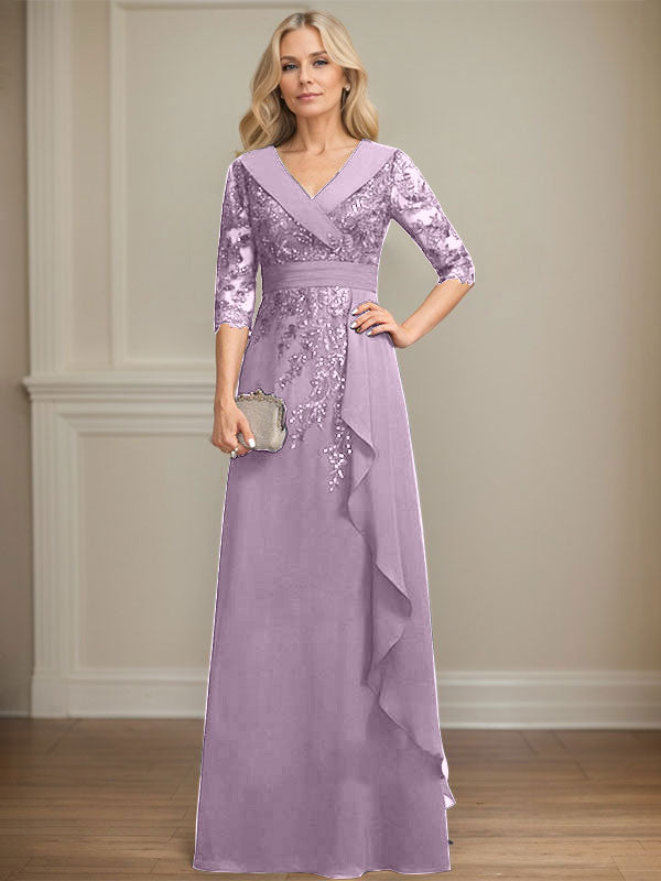 Robe de mère de la mariée en mousseline de soie à col en V, longueur au sol, ligne A, avec dentelle, paillettes et volants en cascade