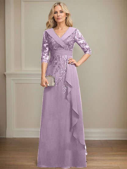 Vestido de madre de la novia de gasa con encaje, escote en V, corte A y largo hasta el suelo, con lentejuelas y volantes en cascada 
