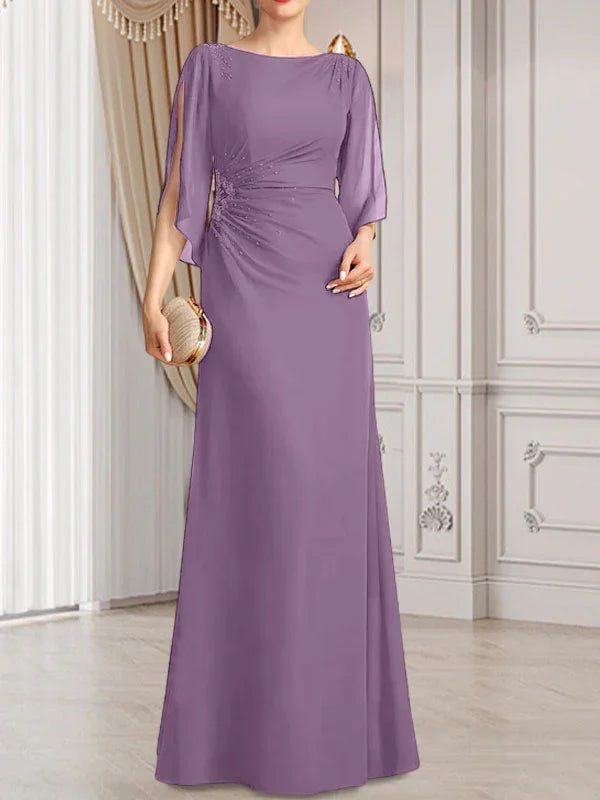 Vestido de madrina de novia de gasa largo hasta el suelo con corte columna y fajín plisado con cuentas