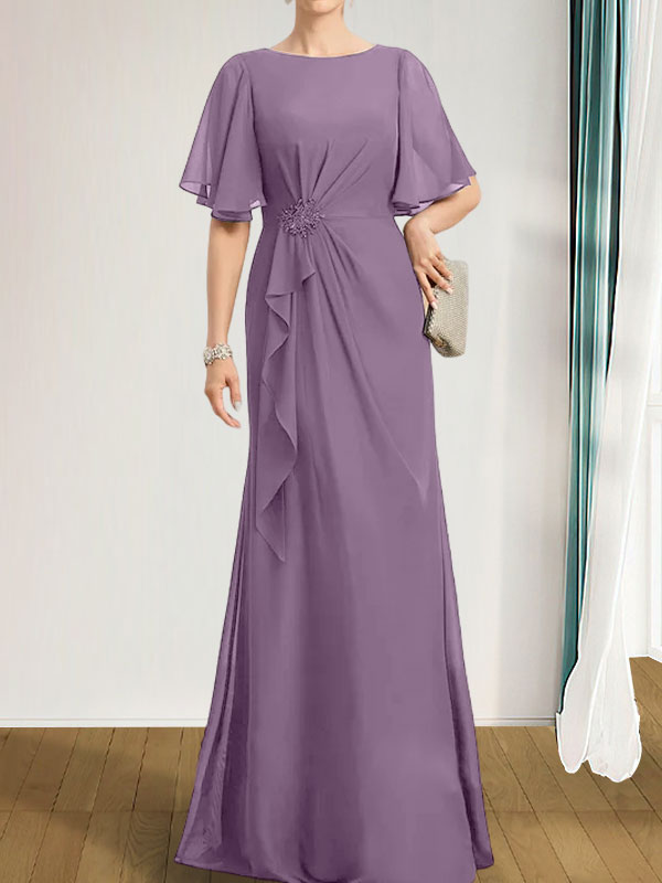 Robe de mère de la mariée en mousseline longueur au sol, en ligne A, décolleté arrondi, avec volants en cascade, perles et paillettes