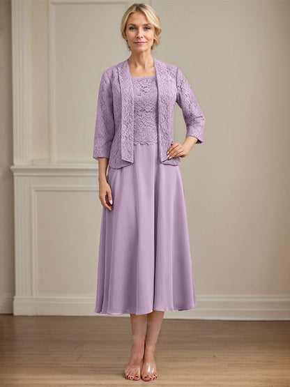 A-Linie U-Ausschnitt Wadenlang Chiffon-Kleid für die Brautmutter 