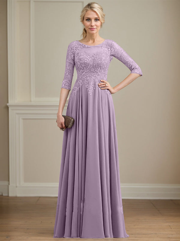 A-Linie, U-Ausschnitt, Illusion, bodenlanges Spitzen-Chiffon-Kleid für die Brautmutter mit Pailletten 
