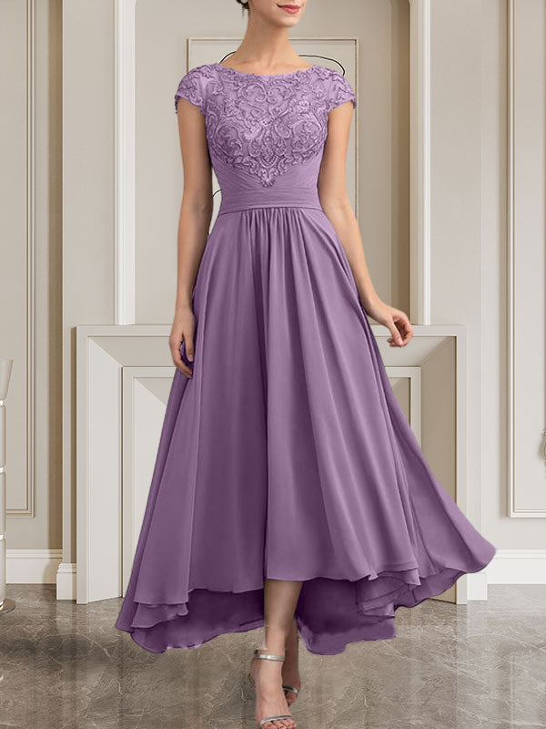 A-Linie U-Ausschnitt Bodenlang Spitzen-Chiffon-Kleid für die Brautmutter mit Pailletten