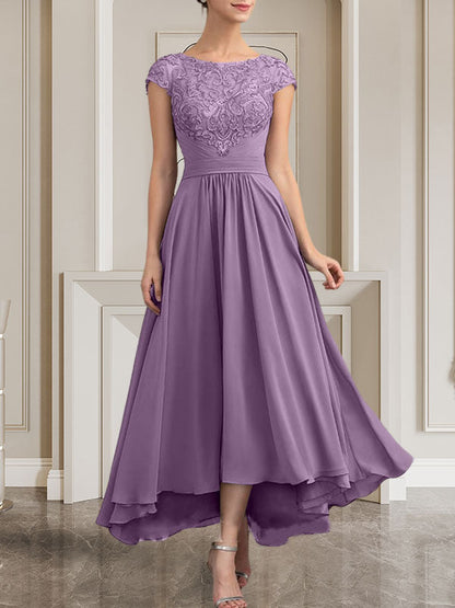 A-Linie U-Ausschnitt Bodenlang Spitzen-Chiffon-Kleid für die Brautmutter mit Pailletten