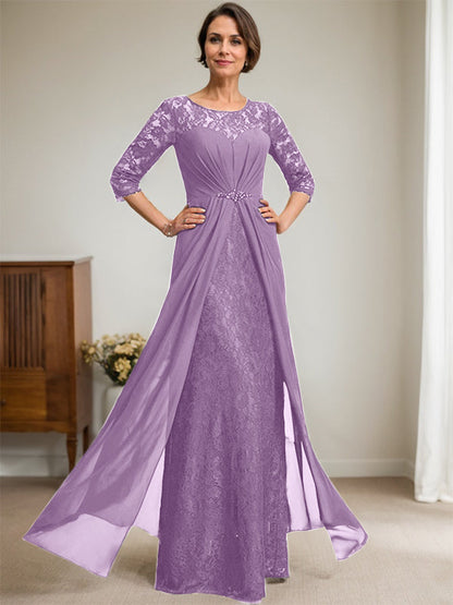A-Linie U-Ausschnitt Illusion Bodenlang Spitzen Chiffon Mutter der Braut Kleid mit Perlenbesatz Rüschen 
