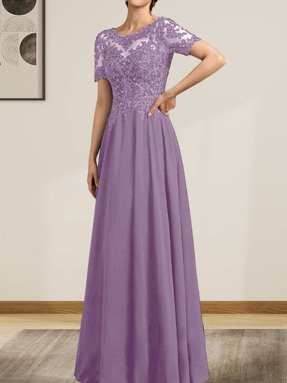 A-Linie U-Ausschnitt Illusion Bodenlang Chiffon Spitze Mutter der Braut Kleid mit Pailletten Perlen