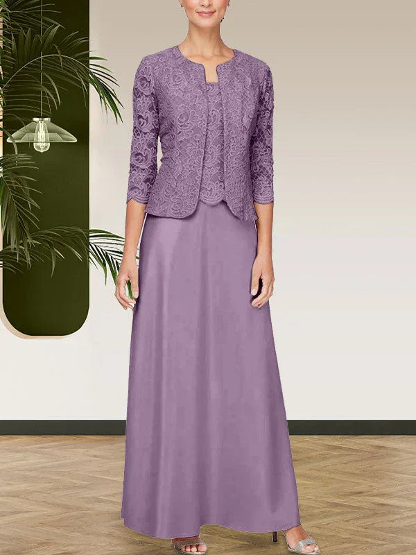 فستان مع جاكيت تنورة من الدانتيل اللامع والساتان مع جاكيت مفتوح