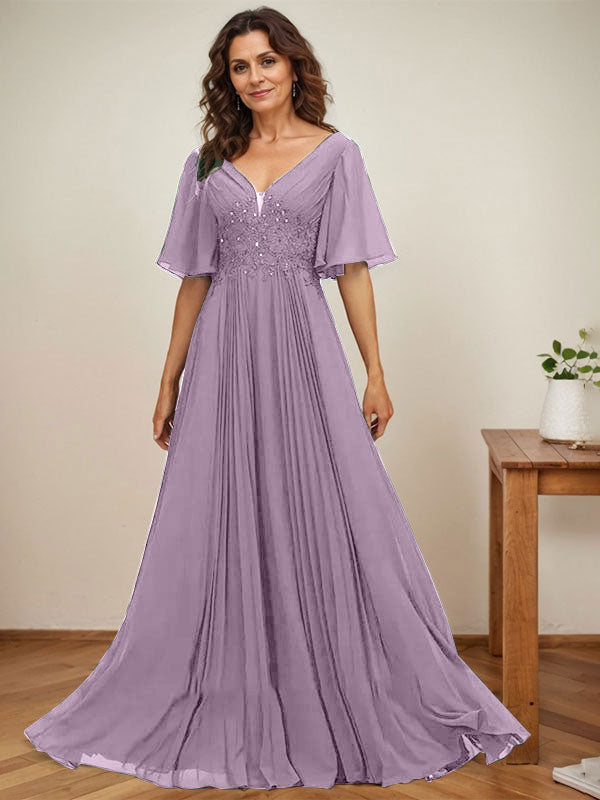 A-Linie V-Ausschnitt Bodenlang Chiffon Mutter der Braut Kleid Mit Pailletten Applikationen Spitze Plissee 