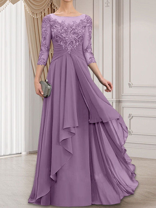 A-Linie, U-Ausschnitt, Illusion, bodenlanges Chiffon-Kleid für die Brautmutter mit kaskadierenden Rüschen