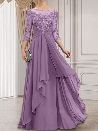 A-Linie, U-Ausschnitt, Illusion, bodenlanges Chiffon-Kleid für die Brautmutter mit kaskadierenden Rüschen