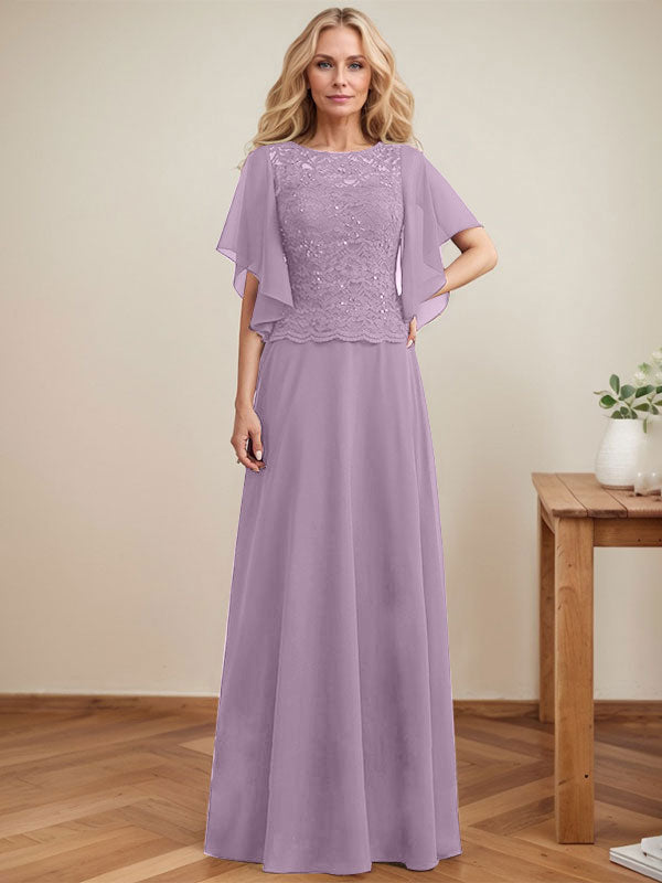 A-Linie, U-Ausschnitt, Illusion, bodenlanges Spitzen-Chiffon-Kleid für die Brautmutter mit Pailletten 