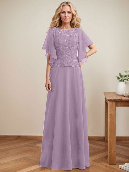 A-Linie, U-Ausschnitt, Illusion, bodenlanges Spitzen-Chiffon-Kleid für die Brautmutter mit Pailletten 
