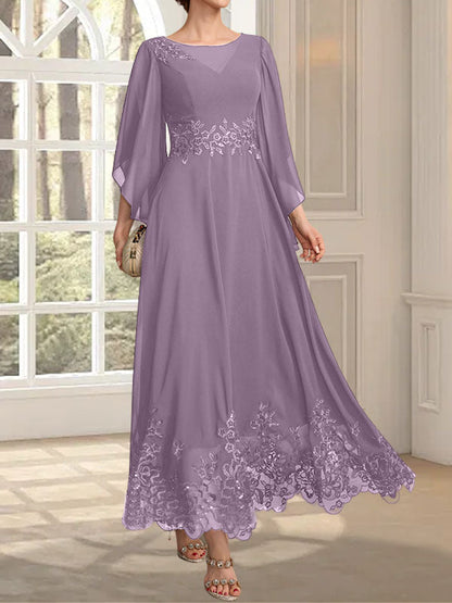A-Linie, U-Ausschnitt, Illusion, knöchellang, Spitzen-Chiffon, Kleid für die Brautmutter mit Pailletten 