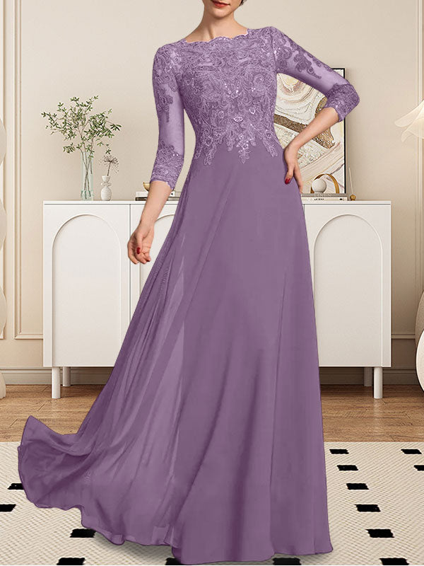 A-Linie U-Ausschnitt Bodenlang Spitzen-Chiffon-Kleid für die Brautmutter mit Pailletten
