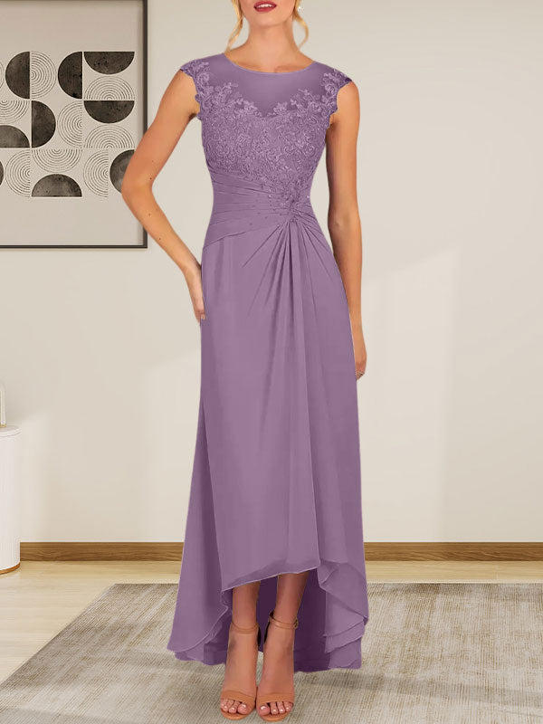 Champagne A-Line Scoop Lace Chiffon Dress