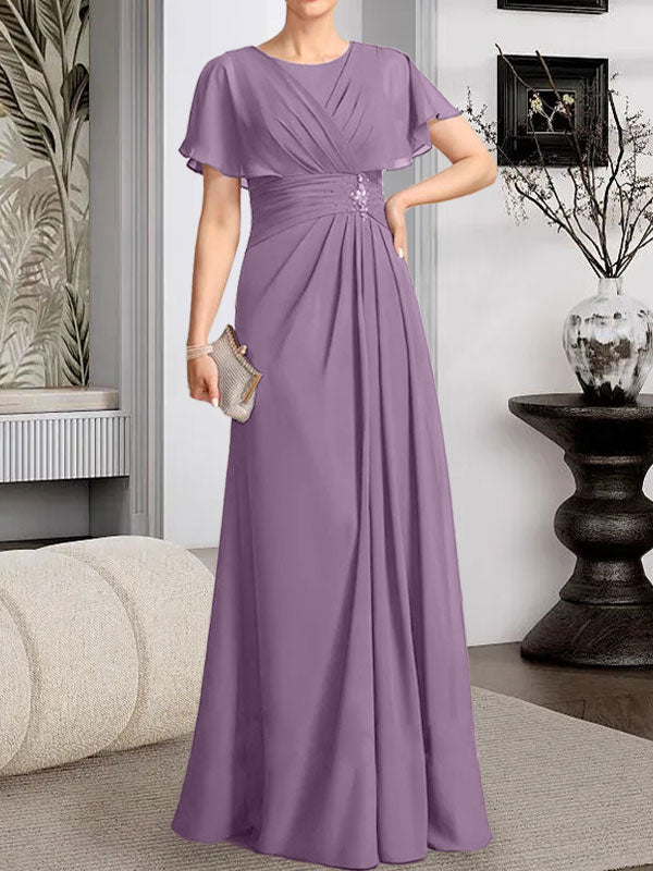 Robe de mère de la mariée en mousseline, longueur au sol, en ligne A, décolleté arrondi, ornée de perles plissées