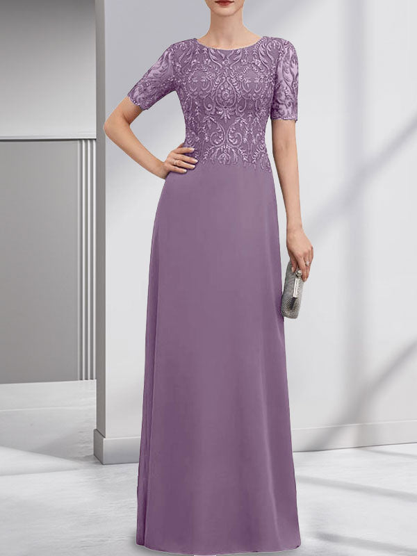 Robe de mère de la mariée en dentelle et mousseline, longueur au sol, en ligne A, décolleté en U, ornée de paillettes