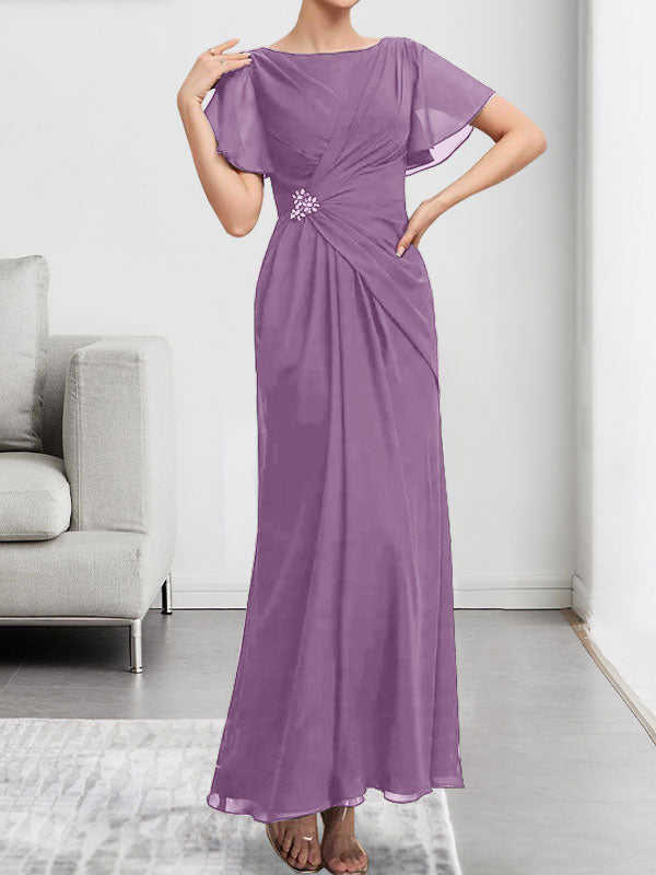 Robe de mère de la mariée en mousseline, longueur cheville, en ligne A, encolure dégagée, ornée de perles et plissée