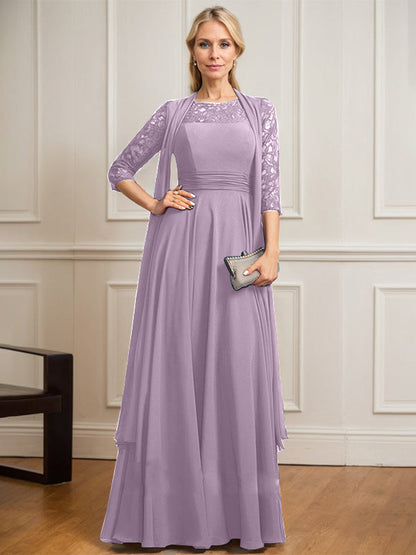 A-Linie U-Ausschnitt Illusion Bodenlang Spitze Chiffon Mutter der Braut Kleid Mit Plissee 