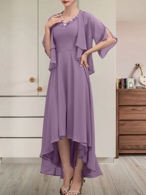 Vestido de gasa asimétrico para madre de la novia con escote en V, corte A y lentejuelas con abalorios