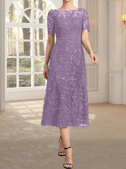 A-Linie, U-Ausschnitt, Illusion, knielang, Spitze, Kleid für die Brautmutter mit Pailletten