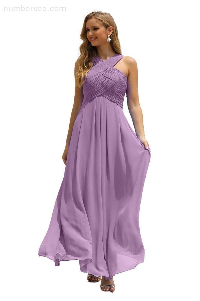 Vestido de Dama de Honra Halter em Chiffon para Mulher, Modelo A-Line, Longo, Formal, para Baile de Finalistas SEA28015