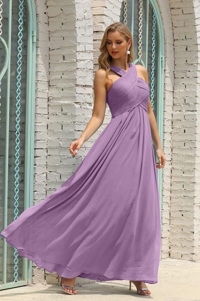 Vestido de Dama de Honra Halter em Chiffon para Mulher, Modelo A-Line, Longo, Formal, para Baile de Finalistas SEA28015