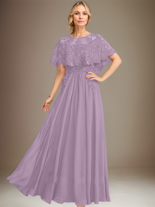 Robe de mère de la mariée en mousseline de soie à dentelle, longueur au sol, en ligne A, col bateau, ornée d'appliques à paillettes