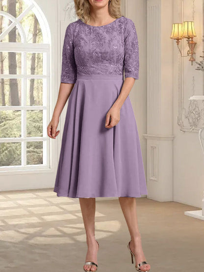 A-Linie U-Ausschnitt Knielang Chiffon Spitzenkleid für die Brautmutter