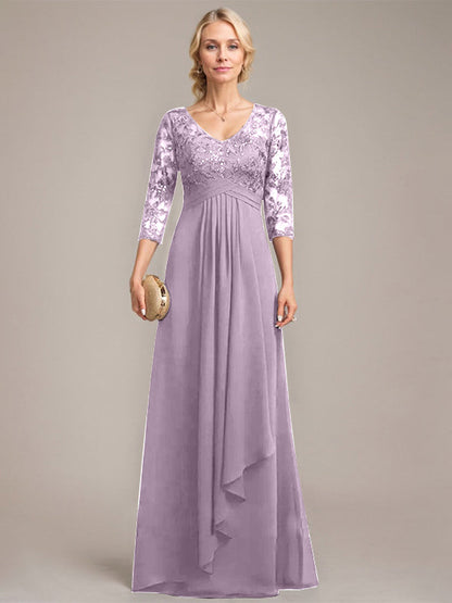 Vestido de madre de la novia de gasa con encaje, escote en V, largo hasta el suelo, con volantes en cascada y lentejuelas 