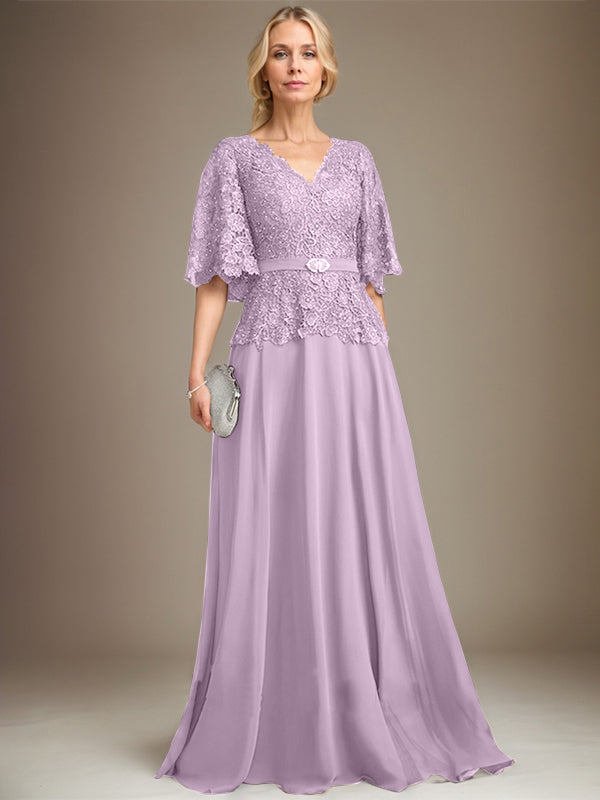 A-Linie V-Ausschnitt Bodenlang Chiffon Spitze Mutter der Braut Kleid Mit Kristall Brosche Strass 