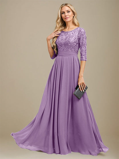A-Linie U-Ausschnitt Bodenlang Spitzen-Chiffon-Kleid für die Brautmutter mit Paillettenapplikation 