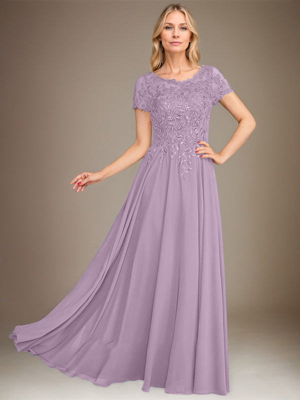 Robe de mère de la mariée en mousseline, longueur au sol, coupe en A, décolleté arrondi, ornée d'appliques et de paillettes