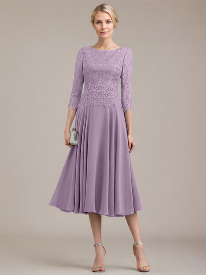A-Linie U-Ausschnitt Wadenlang Chiffon-Kleid für die Brautmutter 