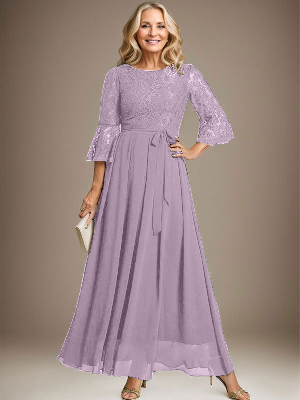 Robe de mère de la mariée en mousseline de soie à dentelle, longueur cheville, en forme trapèze avec encolure dégagée et nœud
