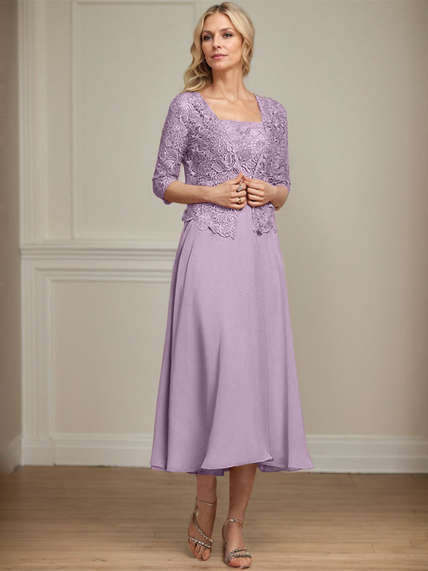 A-Linie Quadratisches Wadenlanges Chiffon-Spitzenkleid für die Brautmutter mit Pailletten und Perlen 