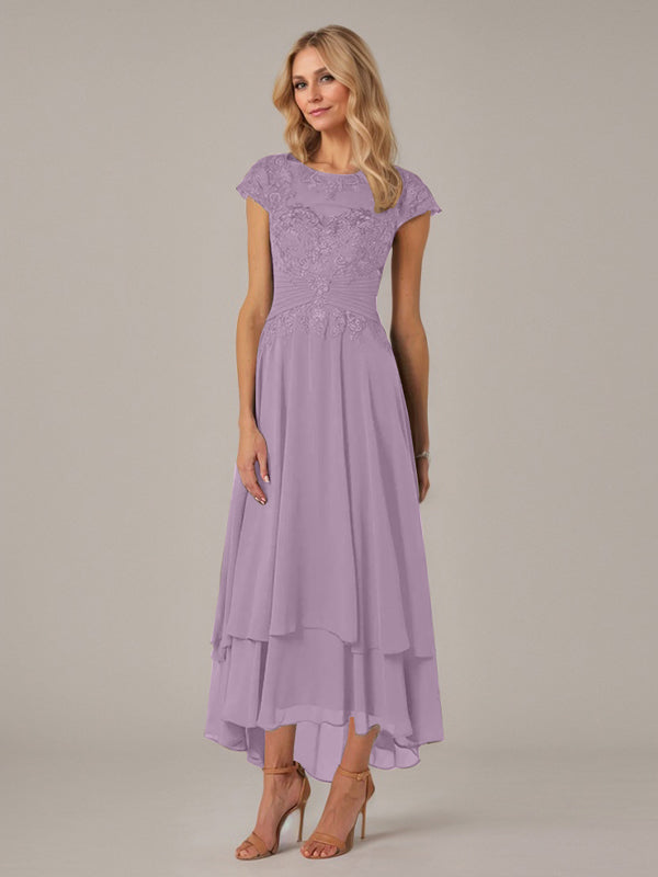 Robe de mère de la mariée en dentelle en mousseline asymétrique à encolure bateau illusion et plis avec appliqué, coupe en A