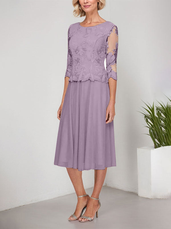 A-Linie U-Ausschnitt Wadenlang Spitzen Chiffon Mutter der Braut Kleid mit Stickerei 