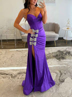 Hot Pink Mermaid Prom Dress With Crystal Bows Bodice And Slit