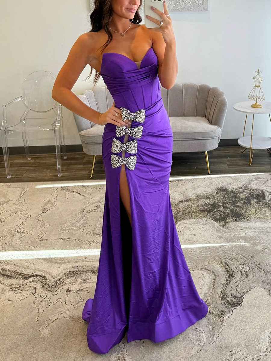 Hot Pink Mermaid Prom Dress With Crystal Bows Bodice And Slit
