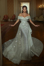 Vestido de novia de sirena, largo hasta el suelo, con hombros descubiertos, escote en V, sin mangas, corte A, lentejuelas y volantes