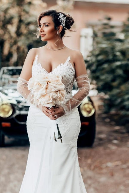 فساتين زفاف بطول الأرض بتصميم حورية البحر، برقبة قلبية، مزينة بتطريزات، من قماش ساتان، بأشرطة رفيعة بدون أكمام مع دانتيل