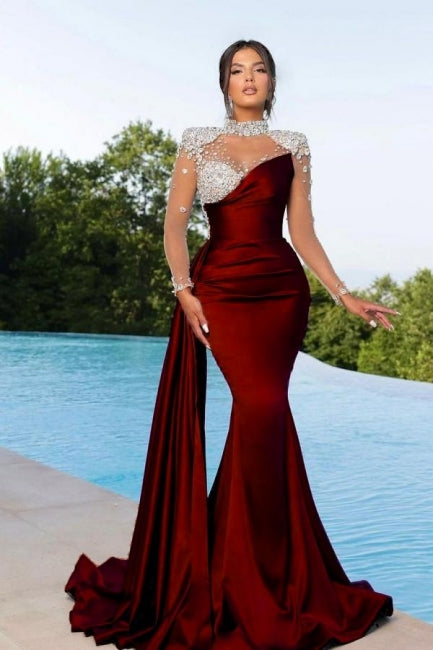 Vestido de Baile de Sereia Borgonha com Contas Prateadas