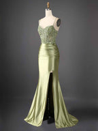 Navy Blue Mermaid Prom Dress With Spaghetti Straps And Beaded Bodice