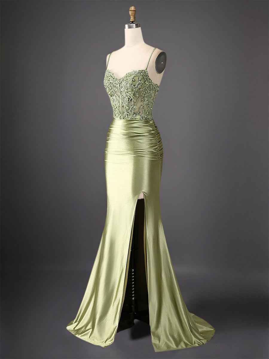 Navy Blue Mermaid Prom Dress With Spaghetti Straps And Beaded Bodice