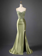 Navy Blue Mermaid Prom Dress With Spaghetti Straps And Beaded Bodice