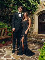 Mermaid Spaghetti Strap Rhinestone Ruffle Blue Prom Dress Slit