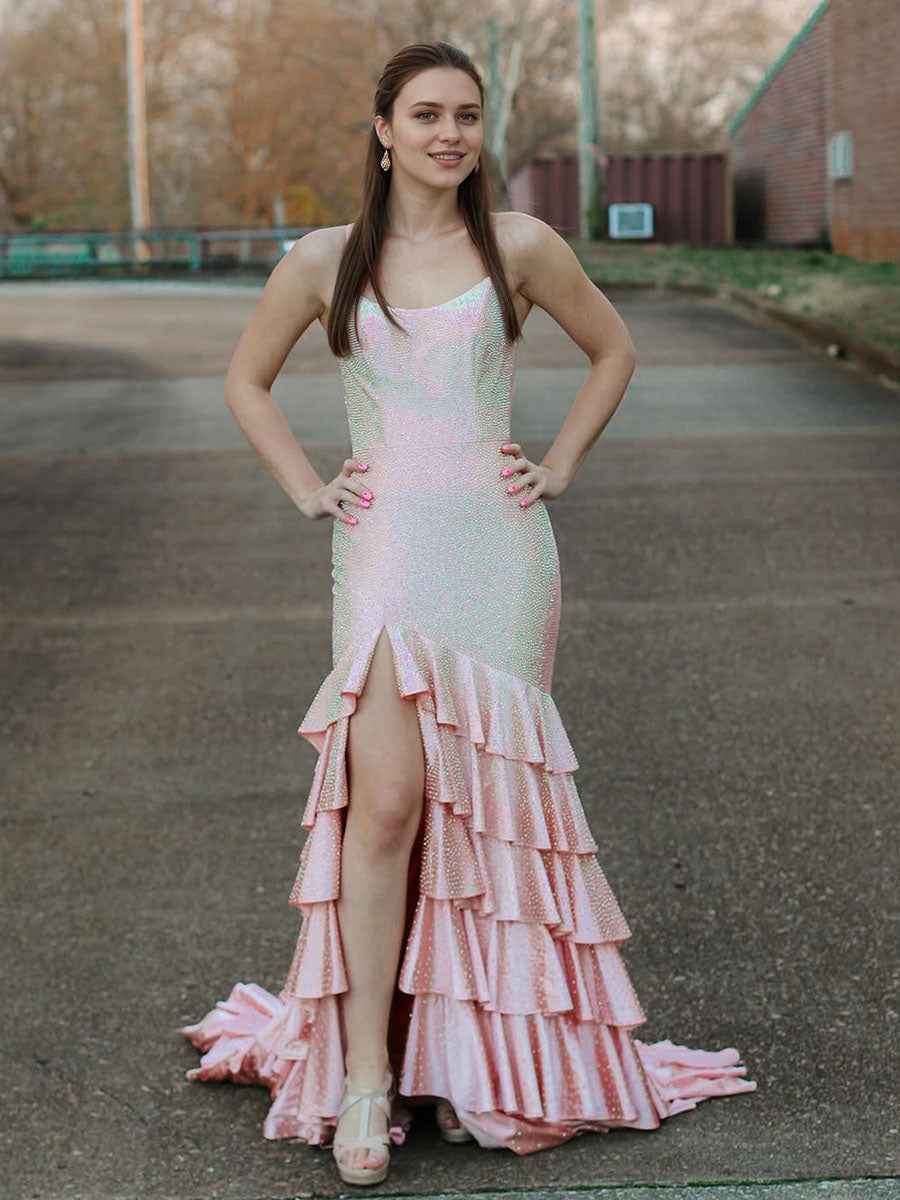 Mermaid Spaghetti Strap Rhinestone Ruffle Blue Prom Dress Slit