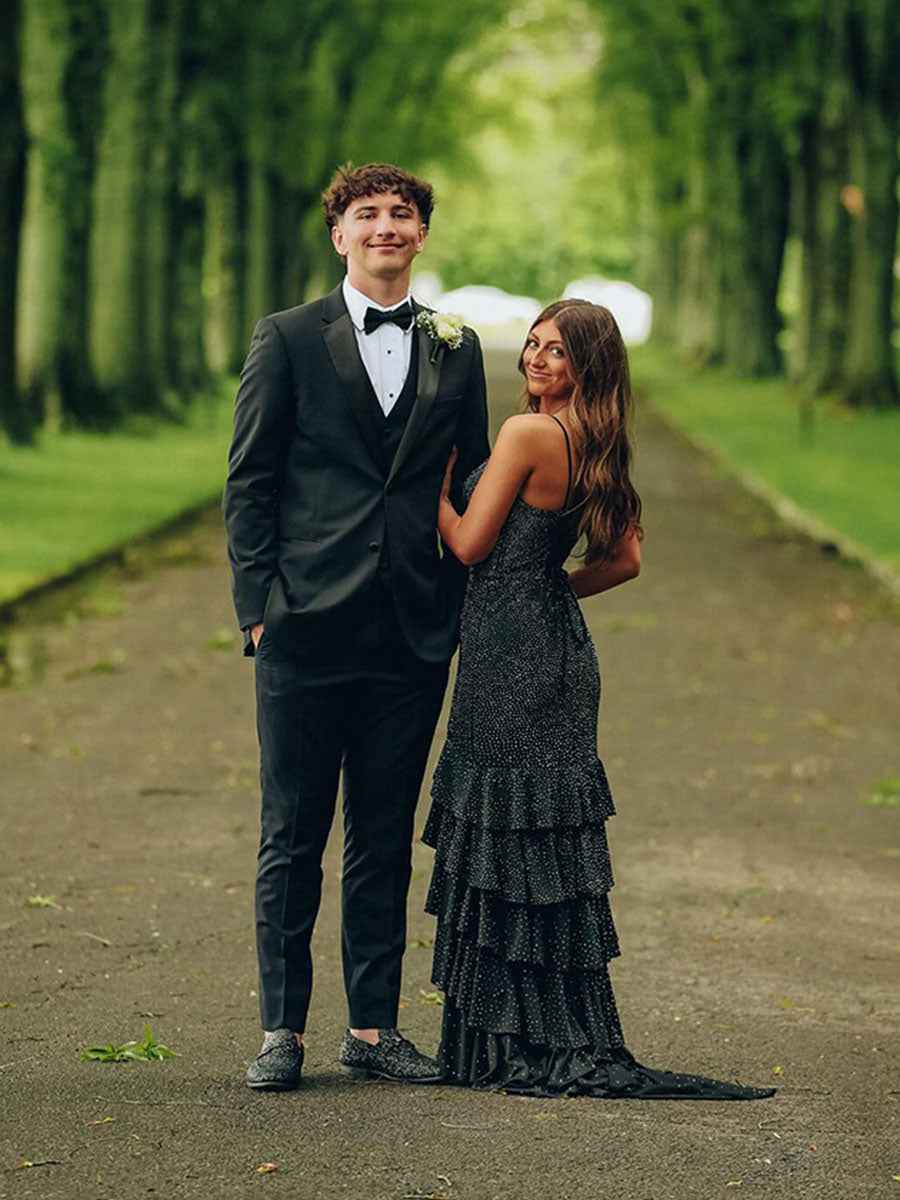 Mermaid Spaghetti Strap Rhinestone Ruffle Blue Prom Dress Slit